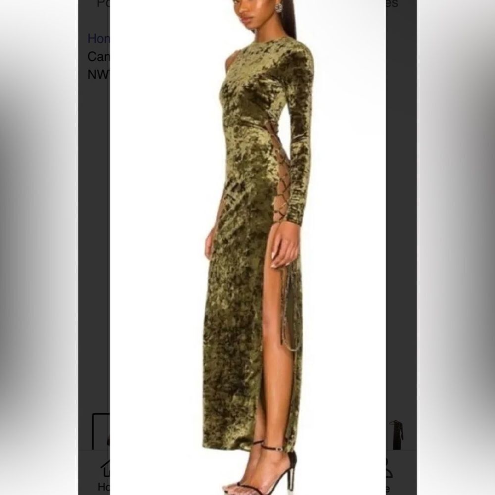 Camila Coelho Revolve Gabriel Maxi Olive Green crushed velvet lace up dress S - Picture 5 of 16